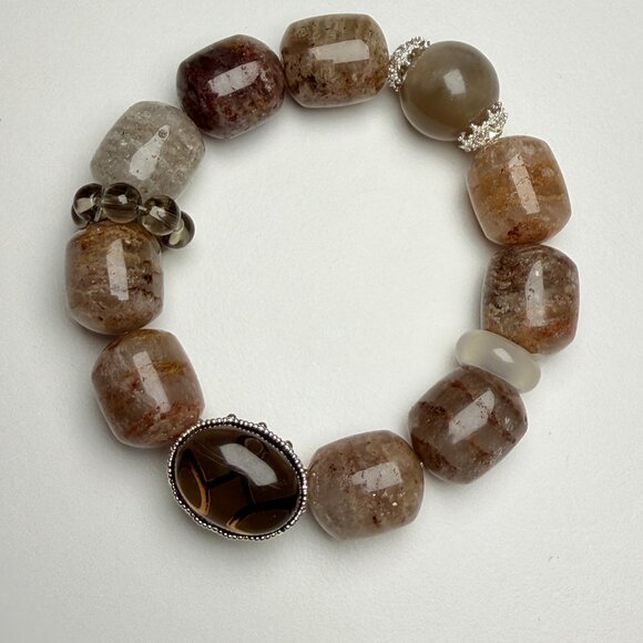 Phantom Quartz Barrel Bead Bracelet with Smoky Quartz - Picture 2 of 10